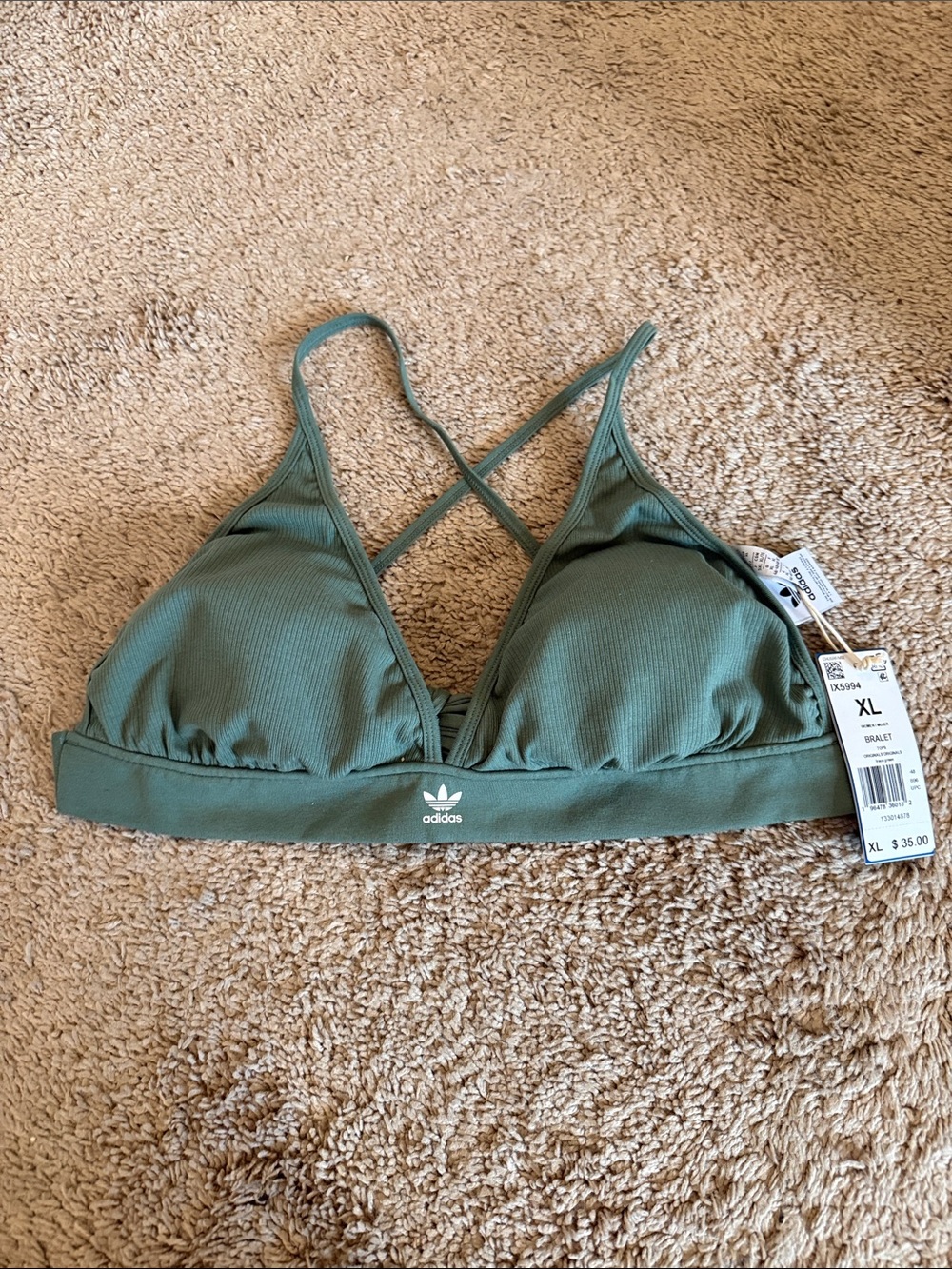 adidas Olive Green Ribbed Bralette with Crisscross Straps
